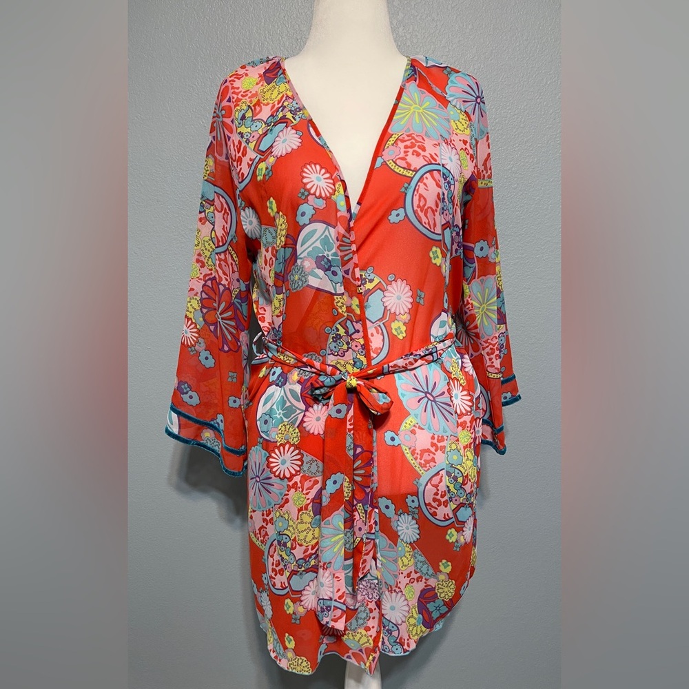 Josie Natori Floral Wrap Robe Womens Kimono Belted Lounge Boho Resort Small - Picture 1 of 10